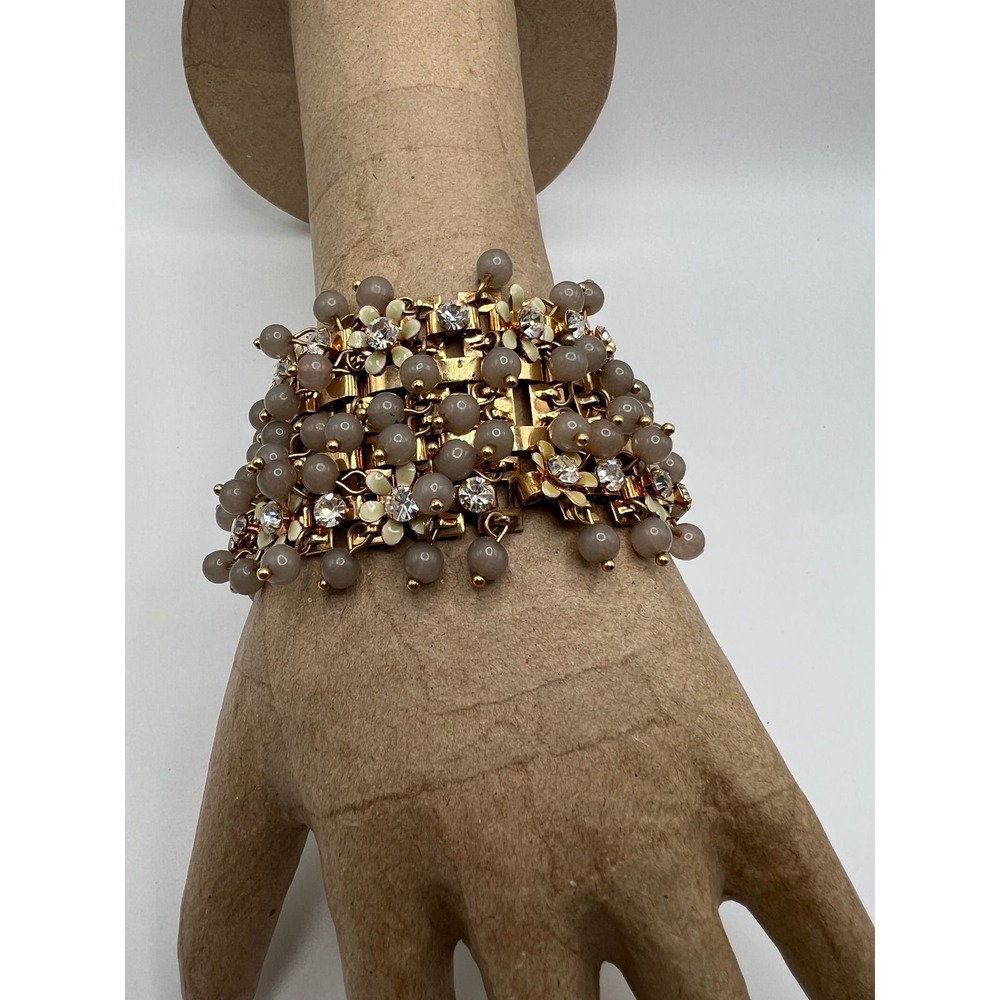 J Crew Enamel Rhinestone Flower Bracelet Coquette Elegant Evening Gold Grey 7"